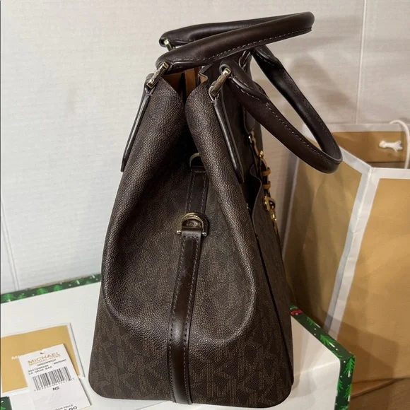 NWT Michael Kors Brown Logo Greenwich Large Grab Bag Tote Satchel MK Signature - Picture 10 of 14